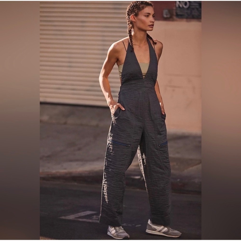 Free People FP Movement Huddle Up Jumpsuit Charcoal Grey Cotton Halter S RARE